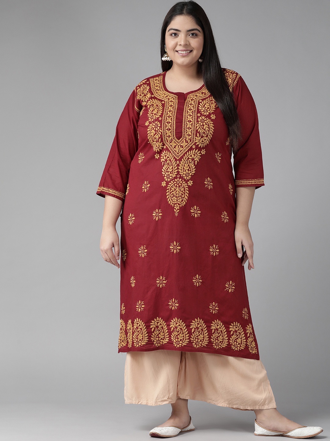 

ADA Women Maroon & Maroon Ethnic Motifs Embroidered Chikankari Handloom Kurta