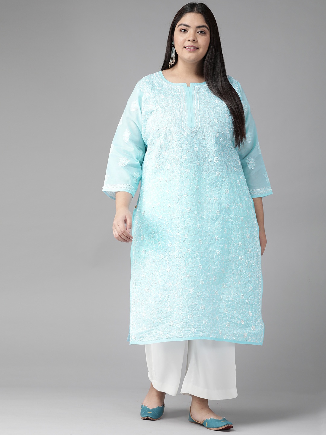 

ADA Women Blue & White Ethnic Motifs Embroidered Chikankari Handloom Handloom Kurta