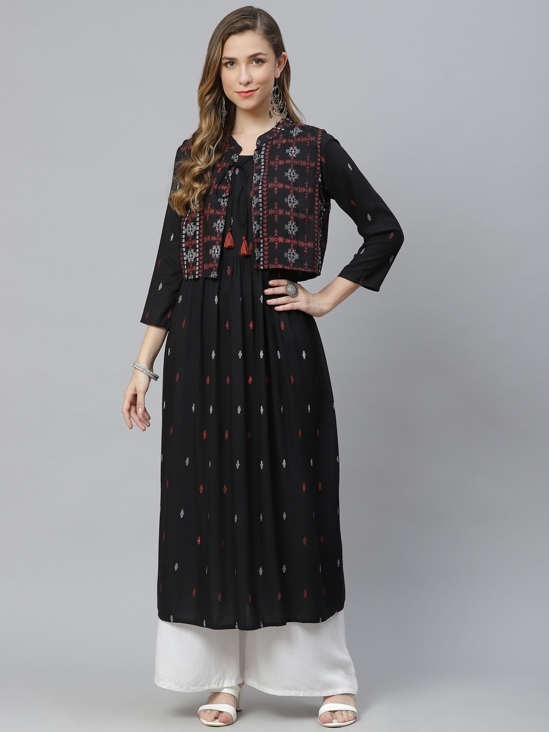 

aayusika Women Black & Red Ethnic Motifs Printed A-Line Kurta With Jacket