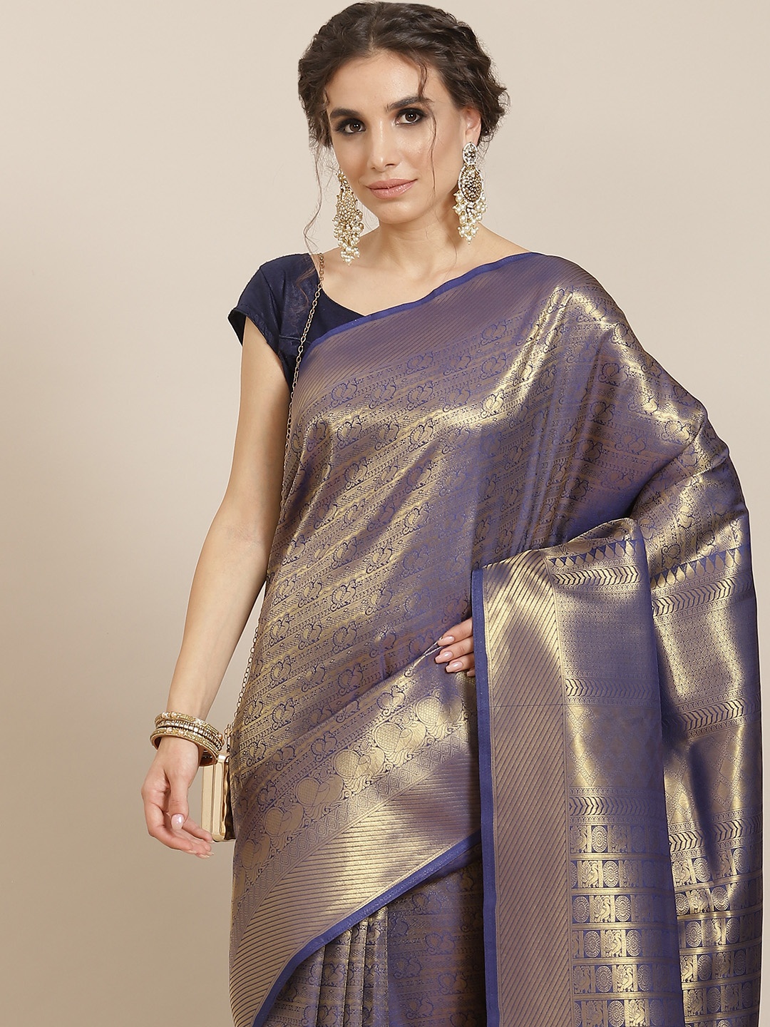 

SHARAA ETHNICA Blue Woven Design Zari Silk Blend Kanjeevaram Saree