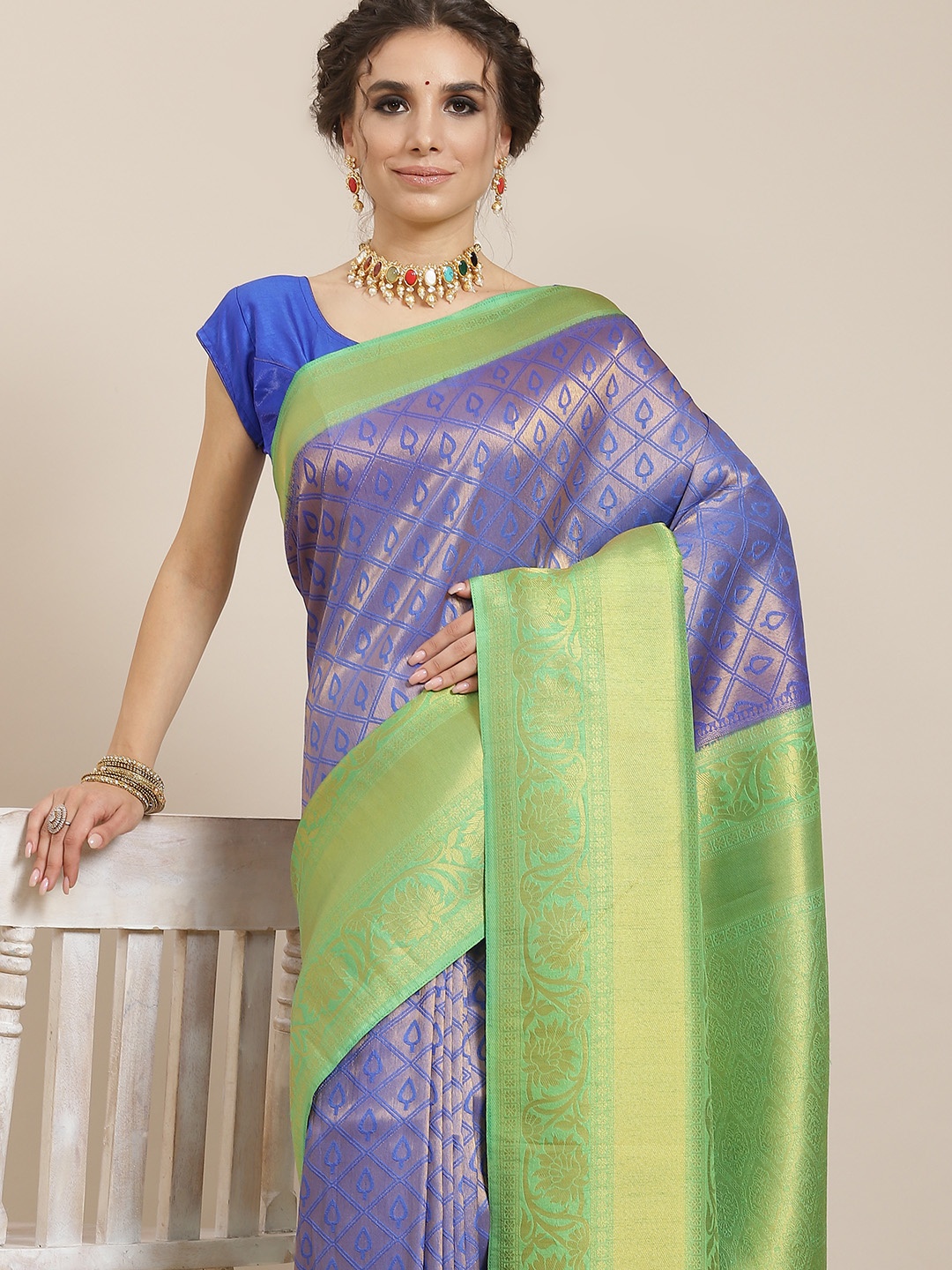 

SHARAA ETHNICA Blue & Green Woven Design Zari Silk Blend Kanjeevaram Saree