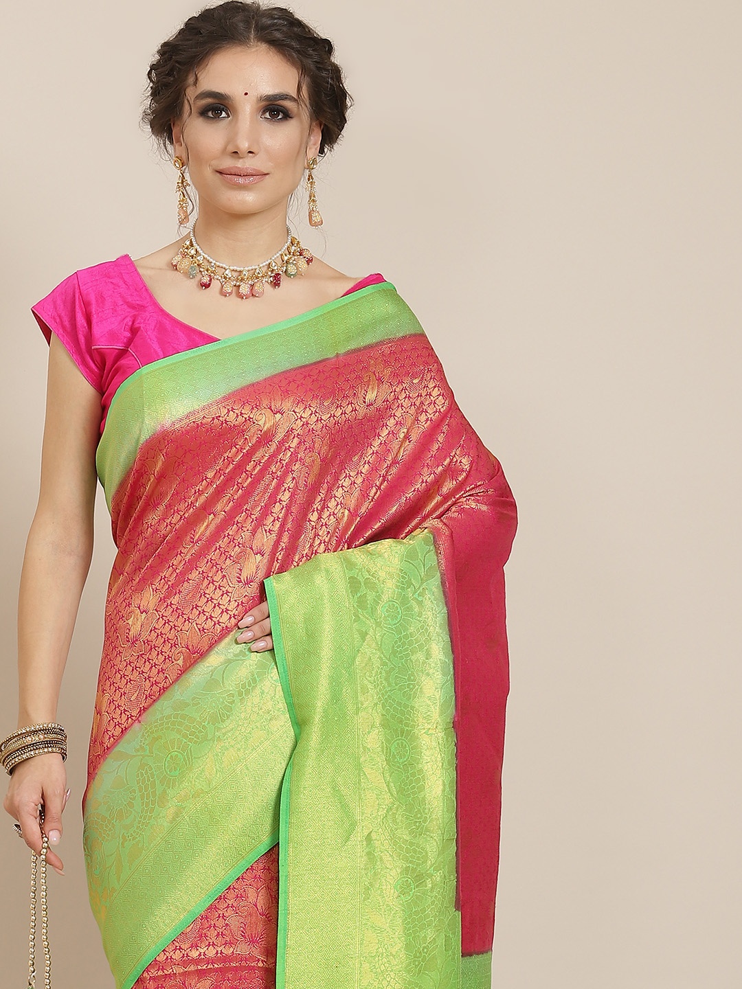 

SHARAA ETHNICA Pink & Green Woven Design Zari Silk Blend Kanjeevaram Saree