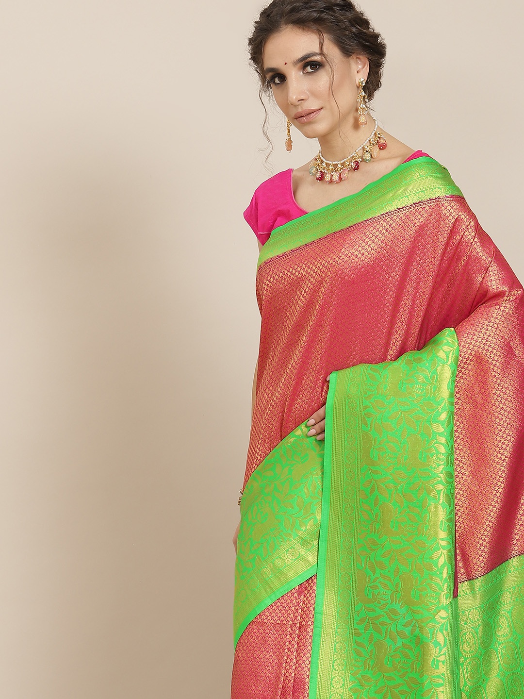 

SHARAA ETHNICA Pink & Green Woven Design Zari Silk Blend Kanjeevaram Saree