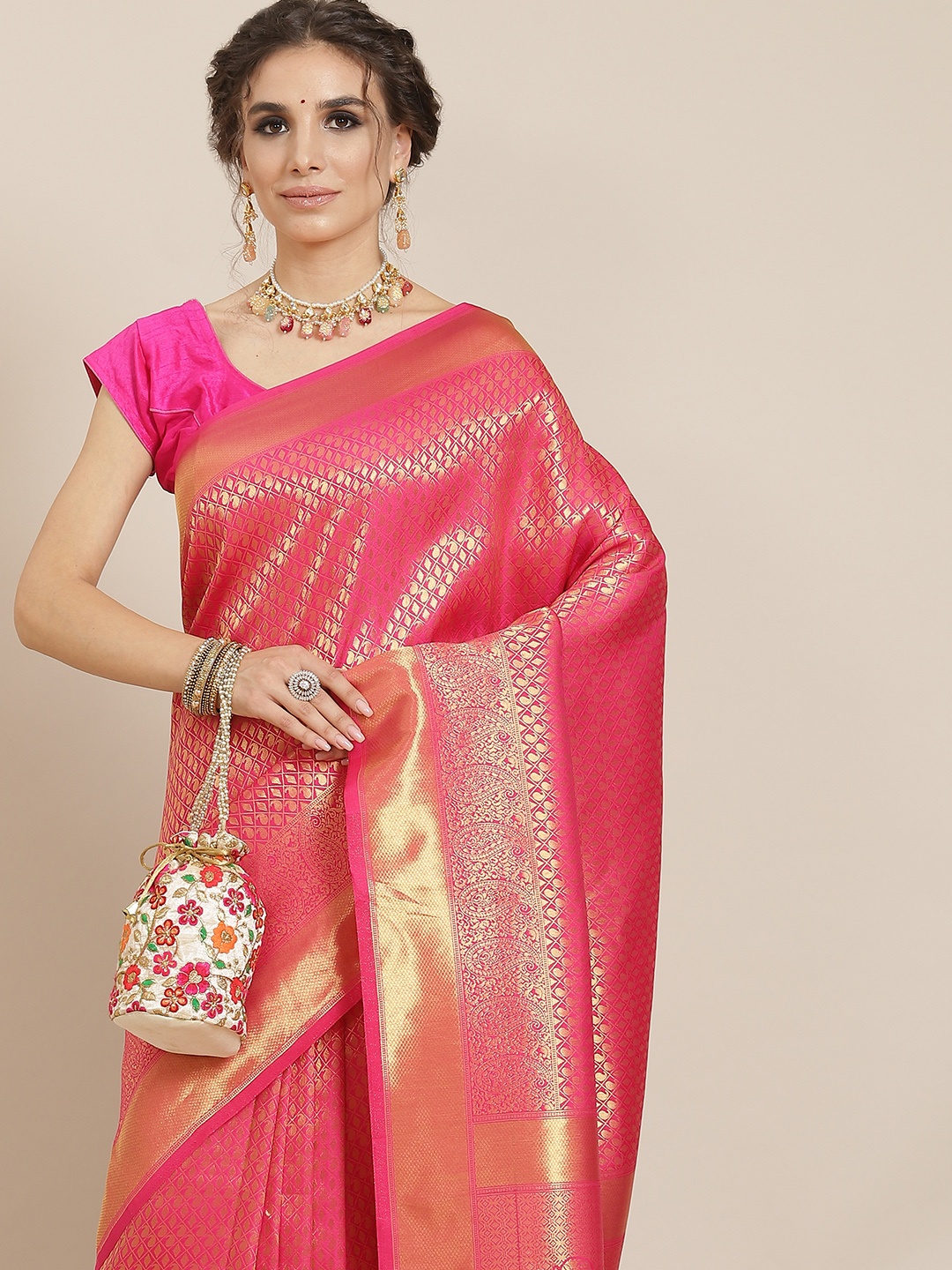 

SHARAA ETHNICA Pink Woven Design Zari Silk Blend Kanjeevaram Saree