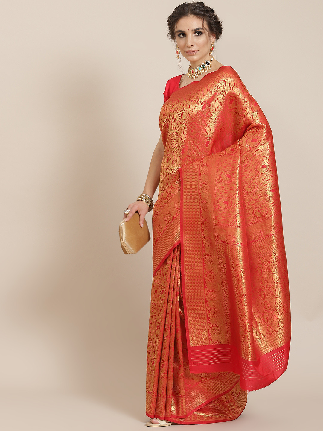 

SHARAA ETHNICA Red Woven Design Zari Silk Blend Kanjeevaram Saree