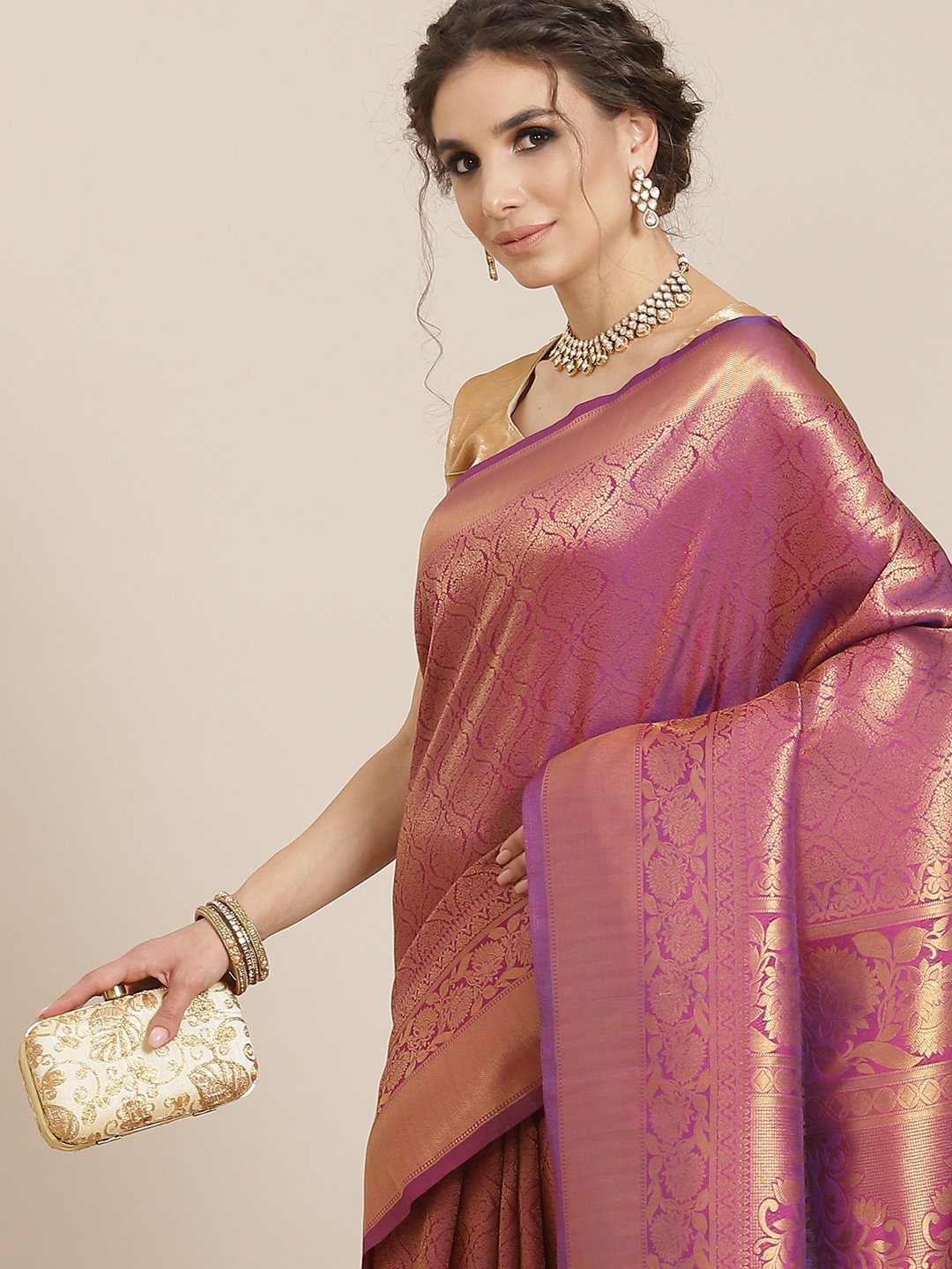 

SHARAA ETHNICA Violet Woven Design Zari Silk Blend Kanjeevaram Saree