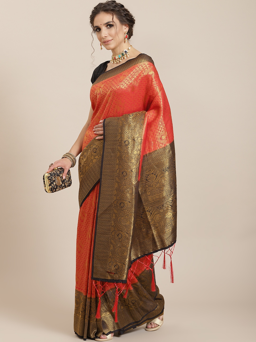 

SHARAA ETHNICA Red Woven Design Zari Silk Blend Kanjeevaram Saree