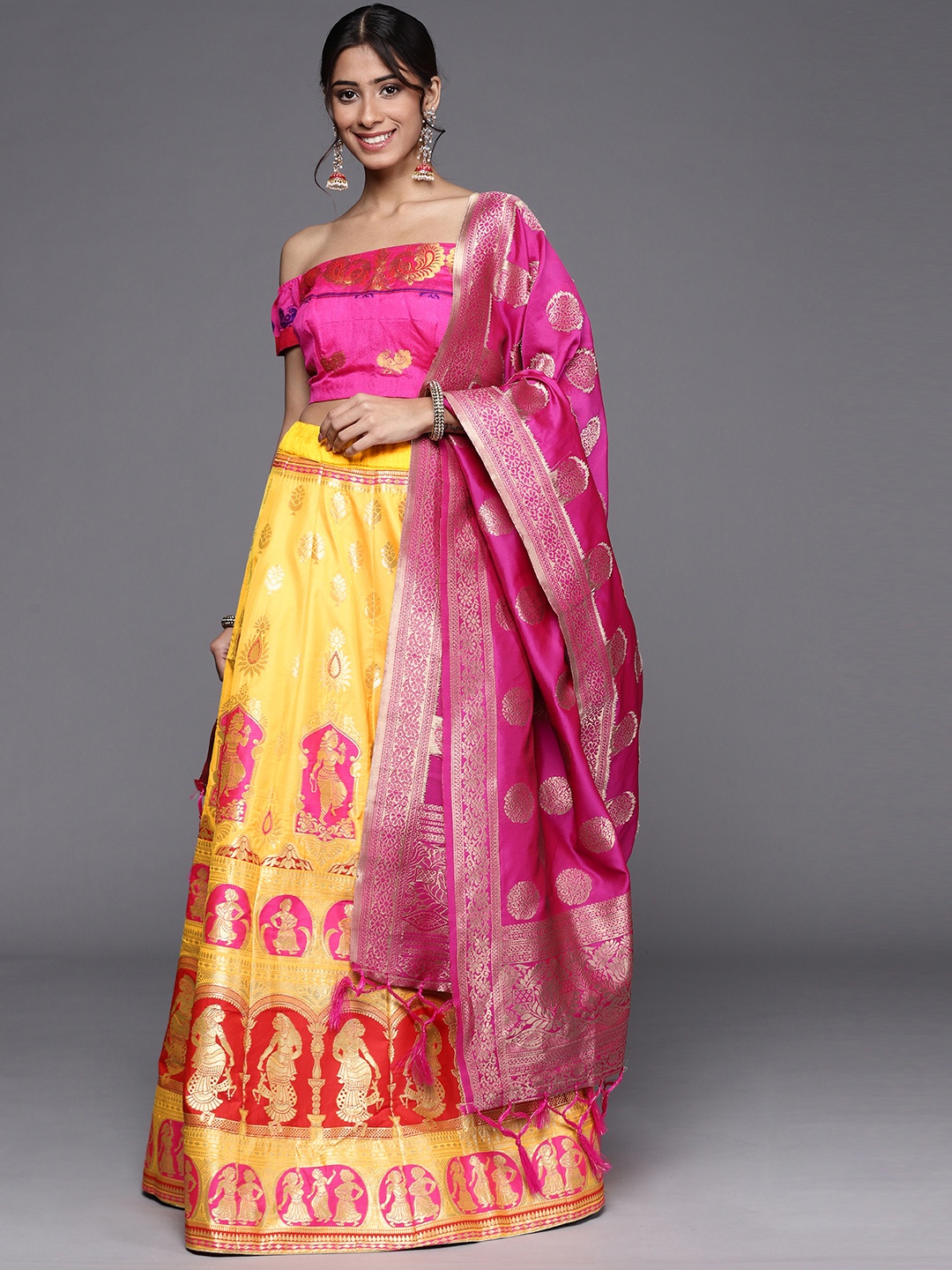 

Chhabra 555 Mustard & Pink Semi-Stitched Lehenga & Unstitched Blouse With Dupatta