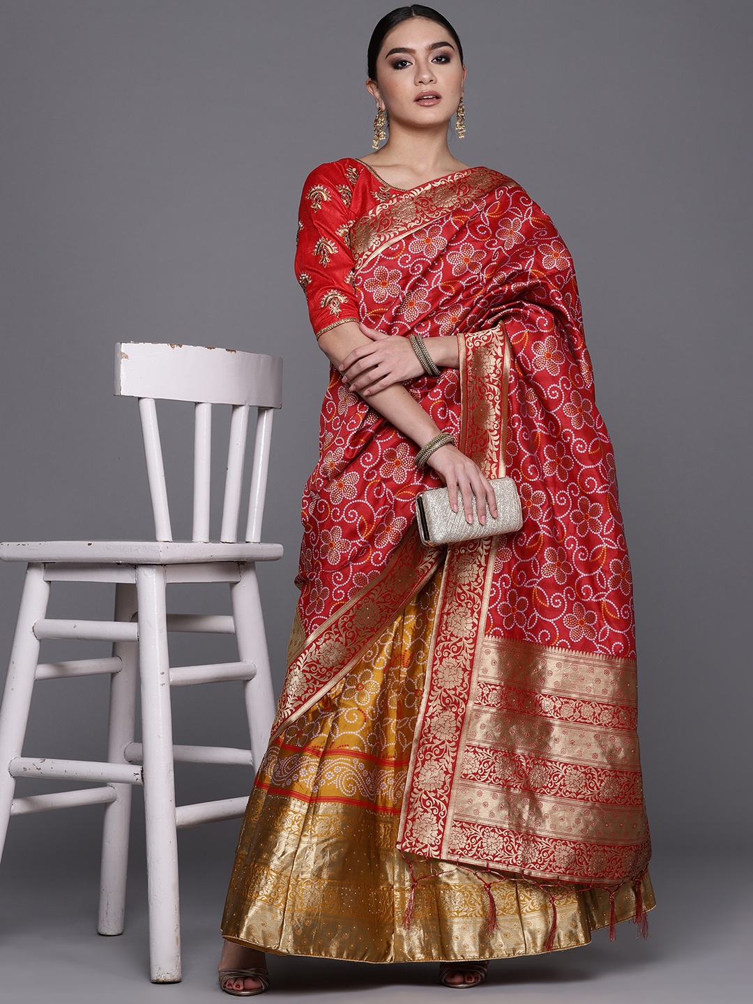

Chhabra 555 Gold-Toned & Red Semi-Stitched Lehenga & Unstitched Blouse With Dupatta