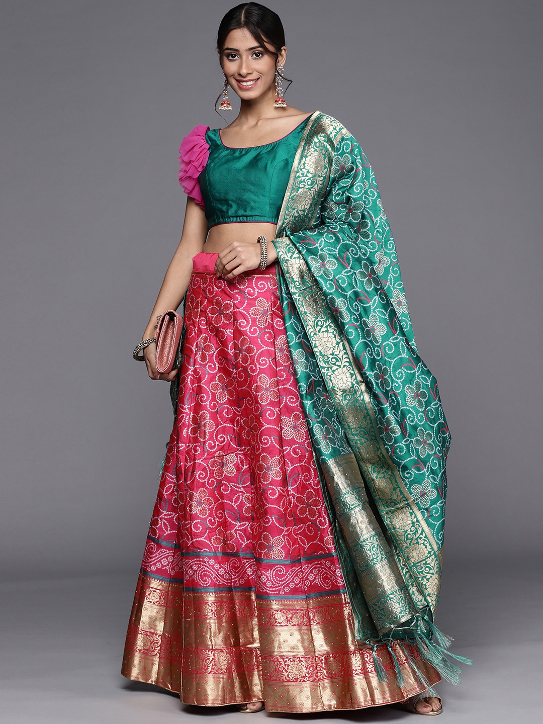 

Chhabra 555 Magenta & Teal Semi-Stitched Lehenga & Unstitched Blouse With Dupatta