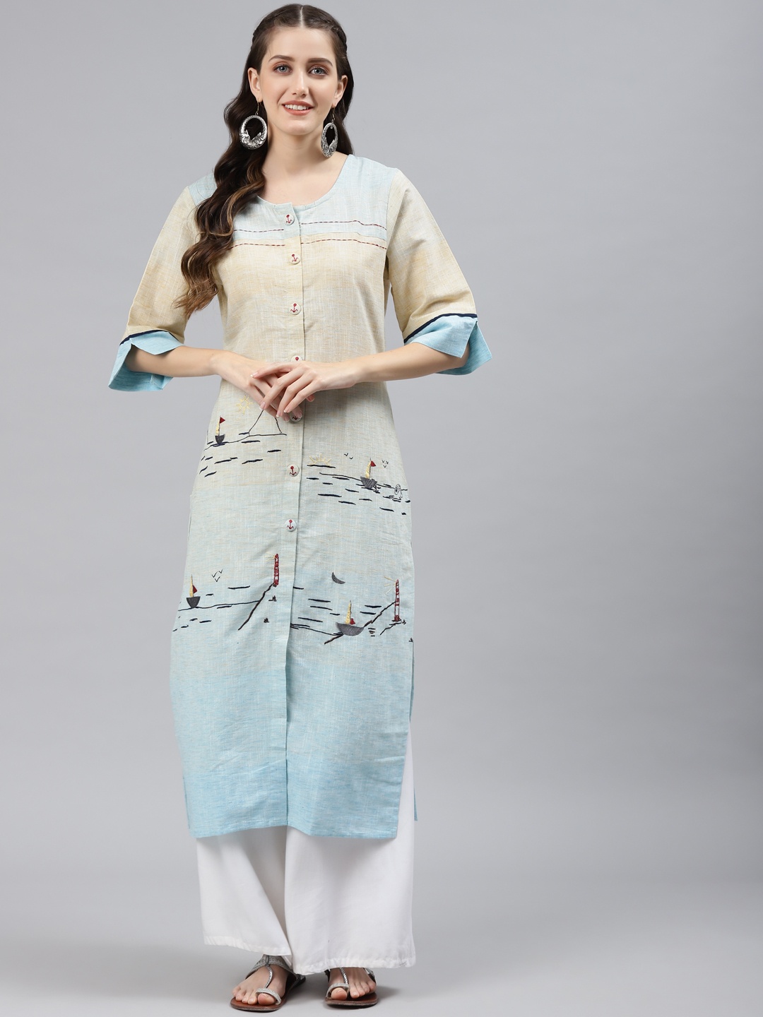 

Readiprint Fashions Women Blue & Beige Embroidered Resham Work Pure Cotton Kurta