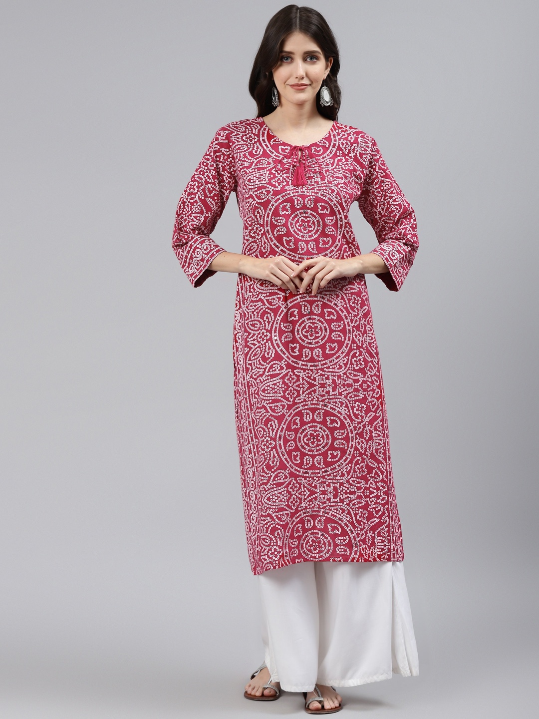 

Readiprint Fashions Women Red Bandhani Printed Mirror Work Cotton Kurta