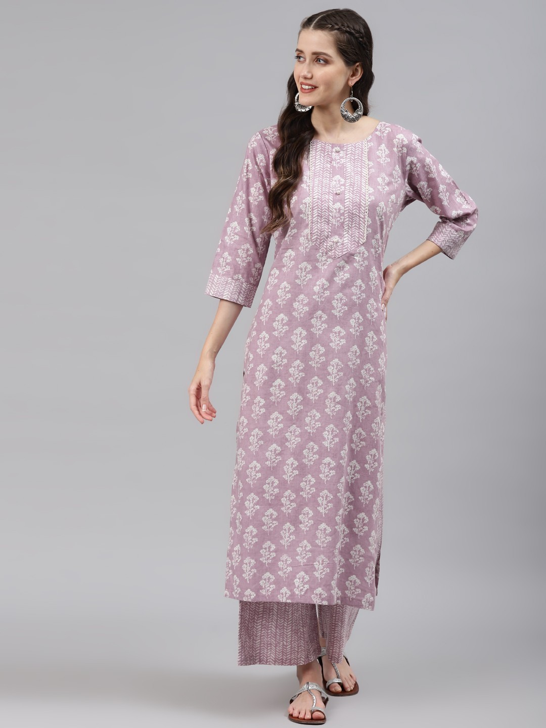 Readiprint Fashions Women Lavender Floral Printed Regular Pure Cotton Kurta with Palazzos