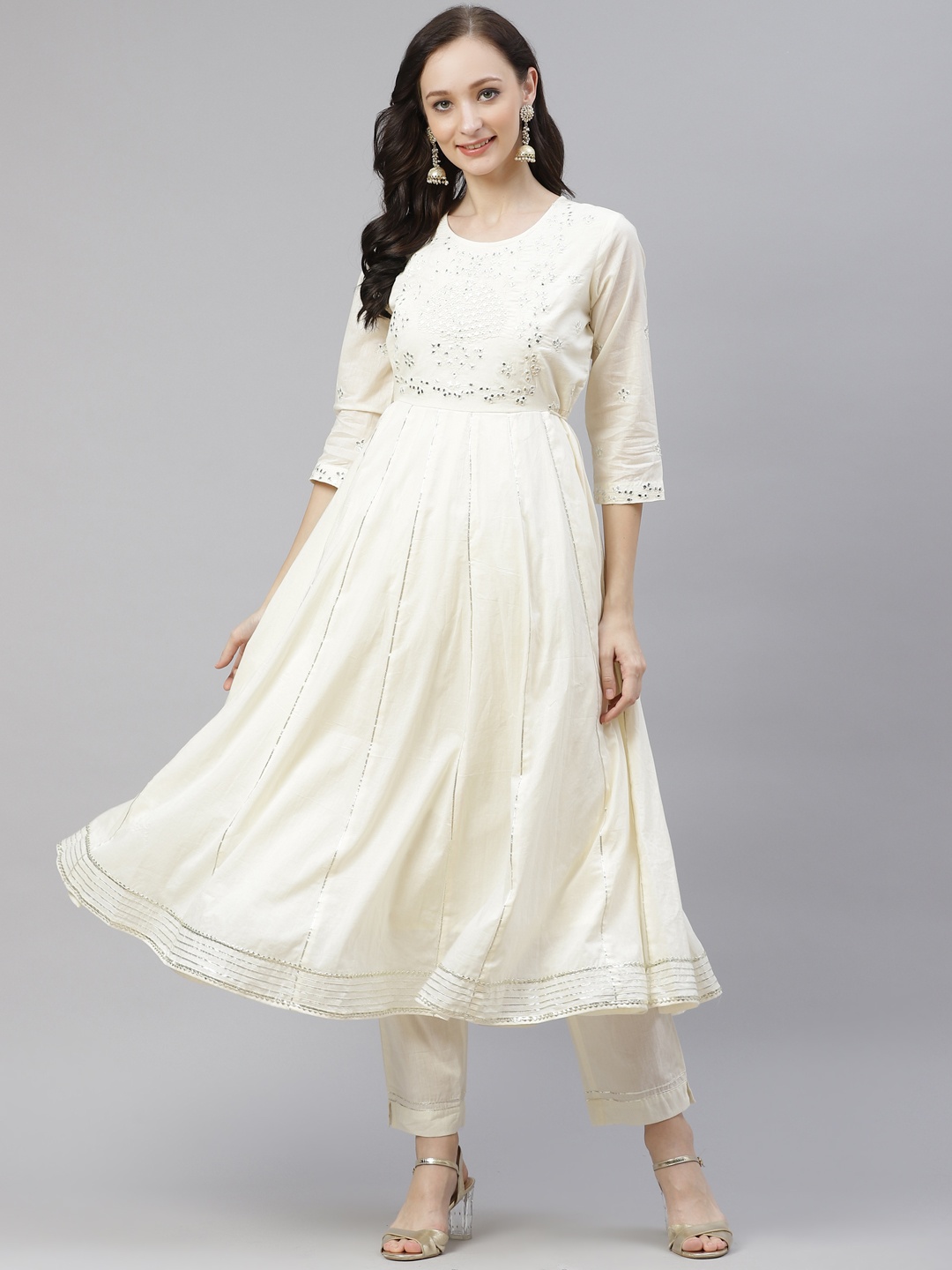 Divena Women Off White Regular Mirror Work Pure Cotton Anarkali Kurti with Trousers