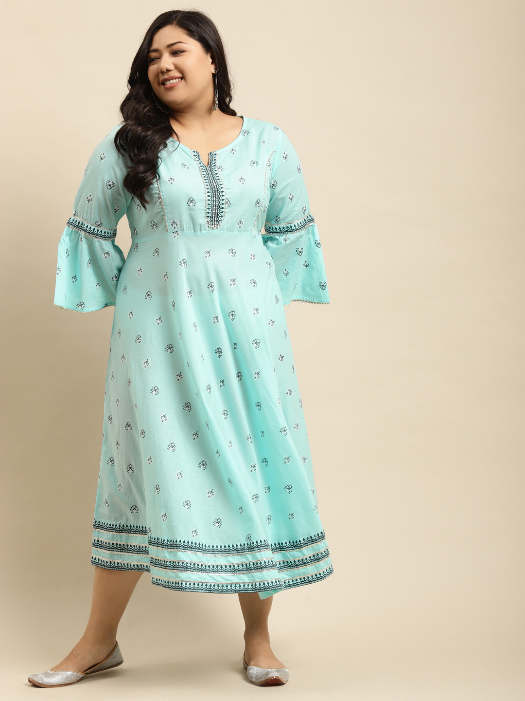 

RANGMAYEE Plus Size Turquoise Blue & White Ethnic Motifs Ethnic Maxi Dress