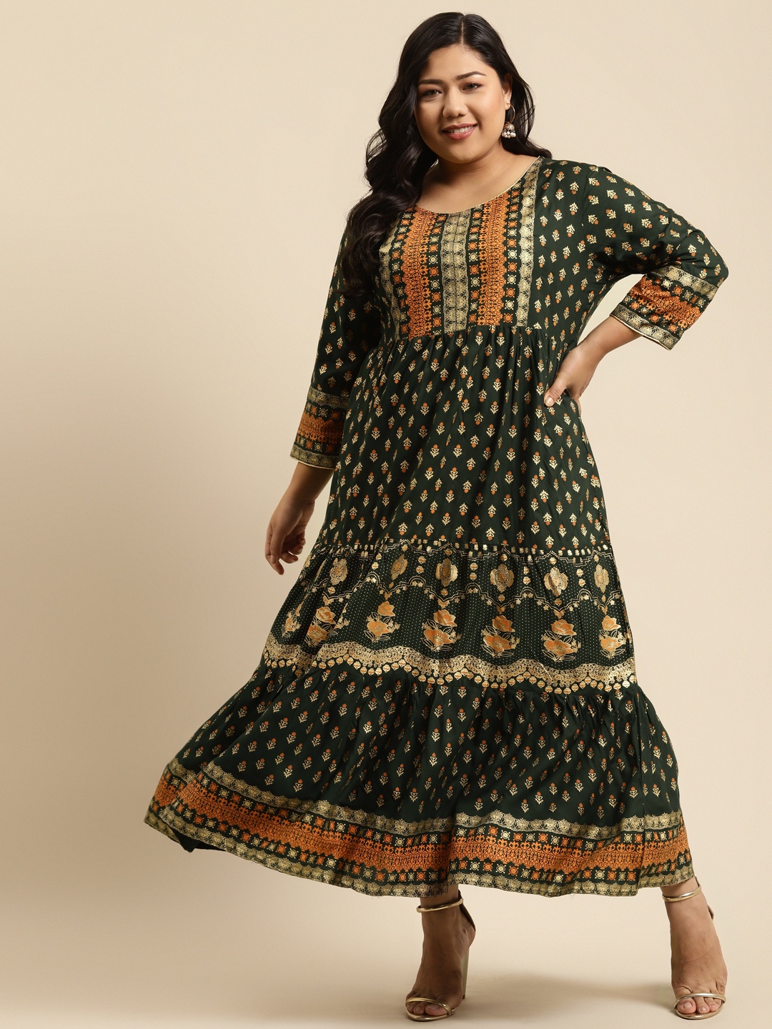 

RANGMAYEE Plus Size Green & Gold-Toned Ethnic Motifs Liva Ethnic Maxi Ethnic Dress