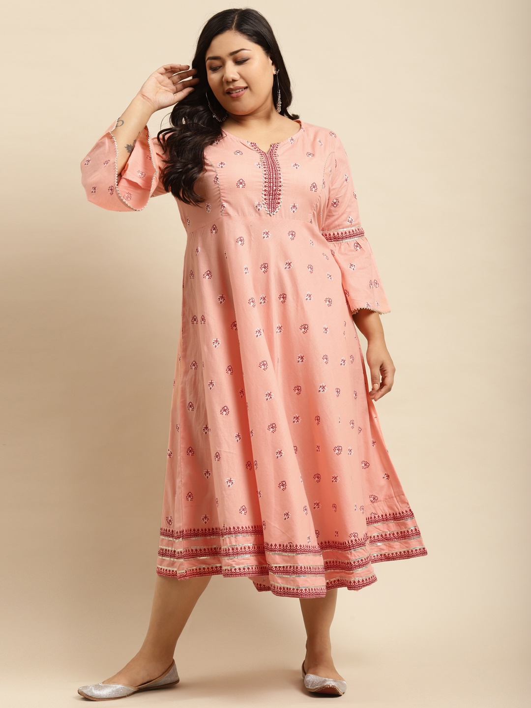 

RANGMAYEE Plus Size Peach-Coloured & White Ethnic Motifs Ethnic Maxi Dress