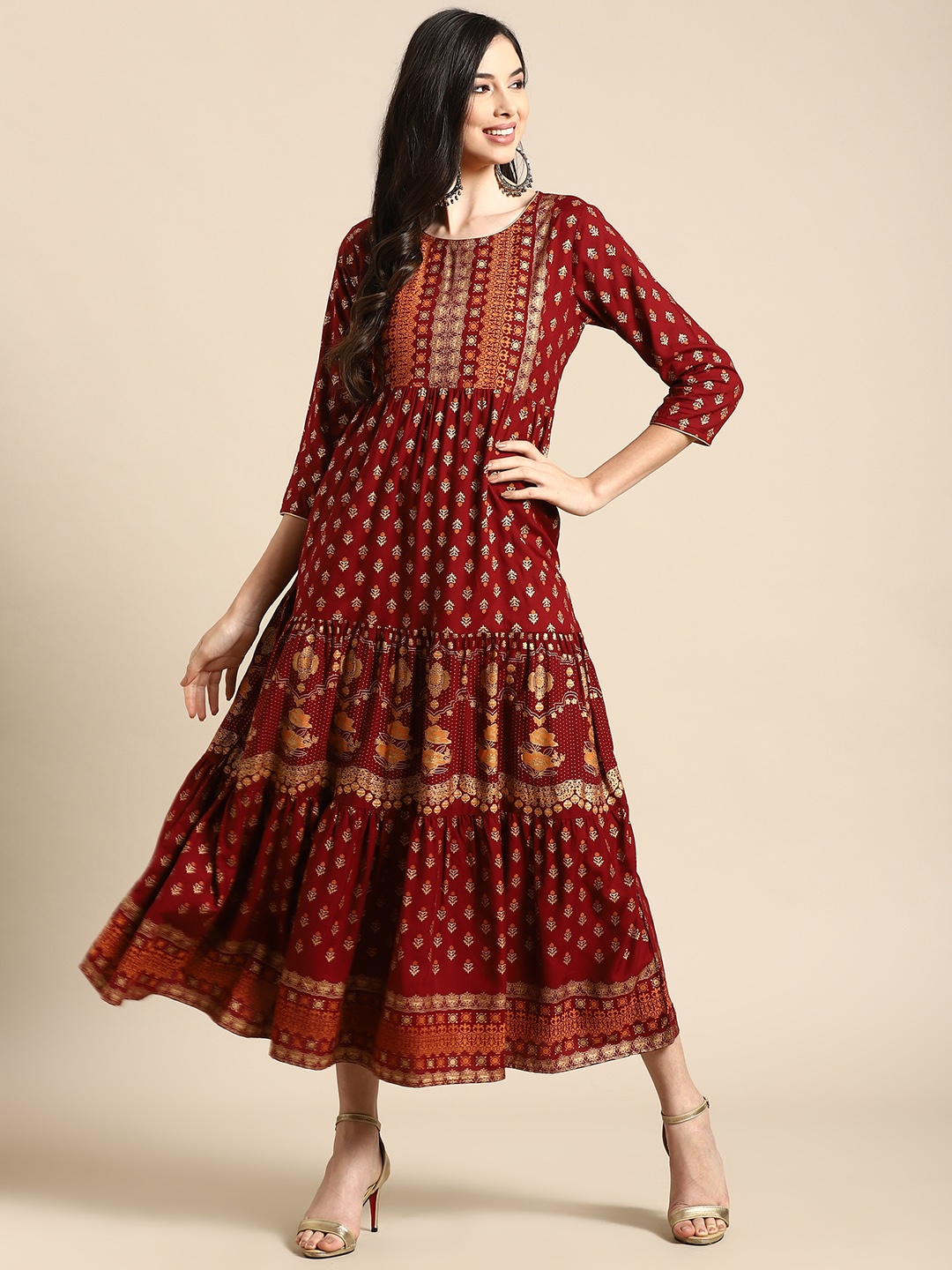 

RANGMAYEE Maroon & Gold-Toned Floral Printed Tiered Liva Ethnic A-Line Maxi Ethnic Dress