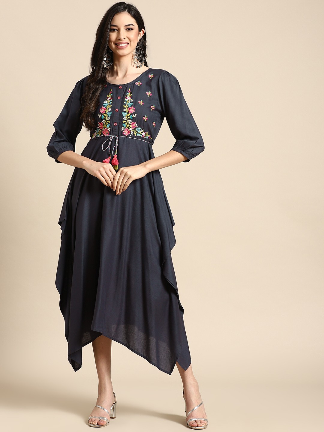 

RANGMAYEE Navy Blue & Pink Embroidered Liva Ethnic Asymmetric Hem A-Line Maxi Dress