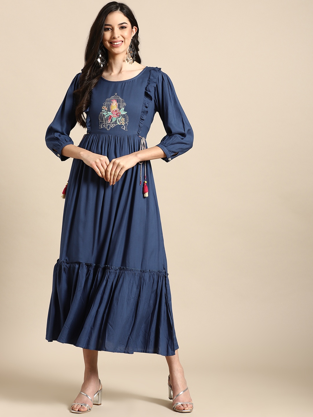 

RANGMAYEE Blue & Pink Embroidered Liva Ethnic Tiered A-Line Maxi Dress