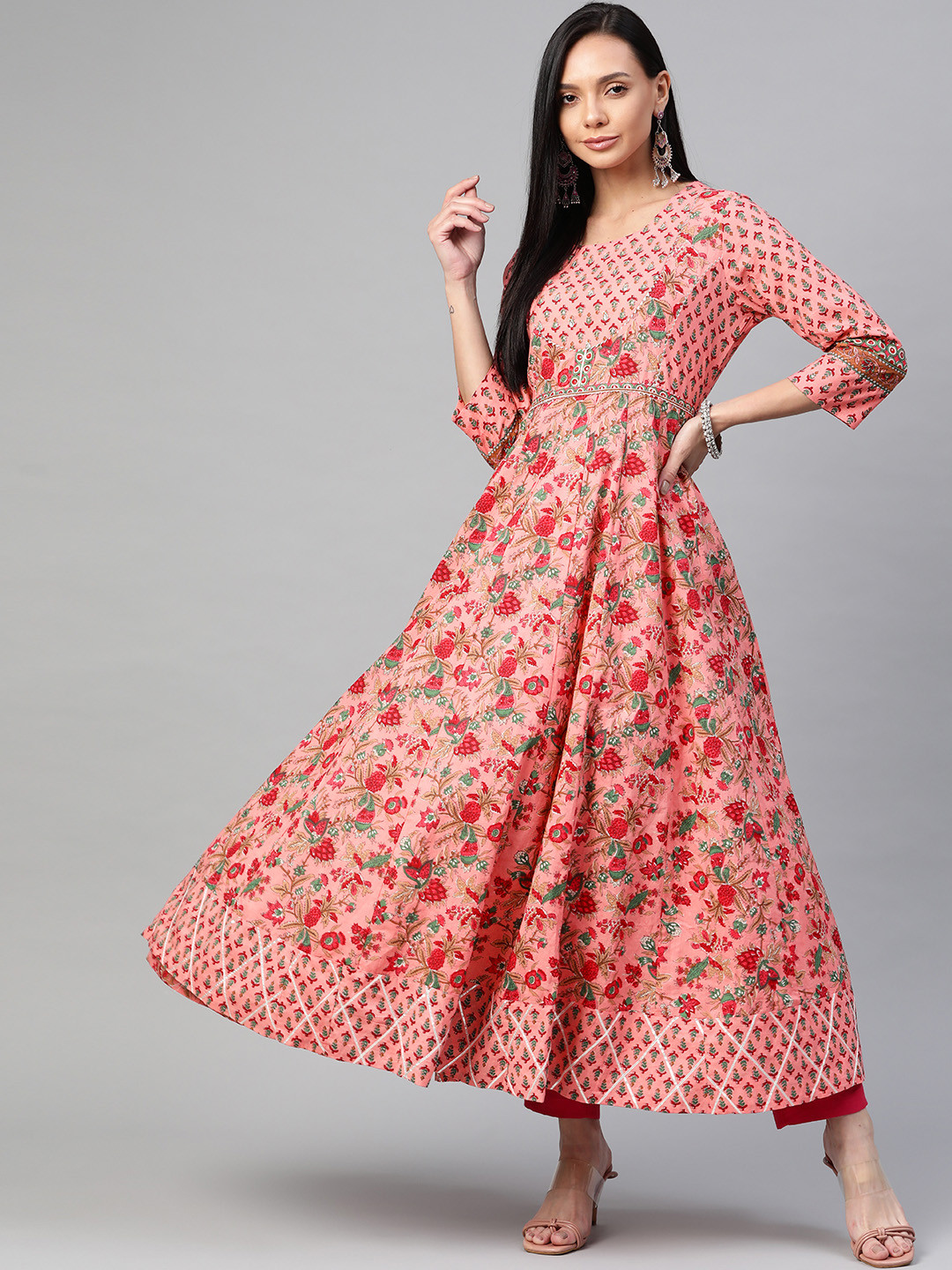

Readiprint Fashions Women Peach-Coloured & Pink Floral Printed Gotta Patti Floral Anarkali Kurta