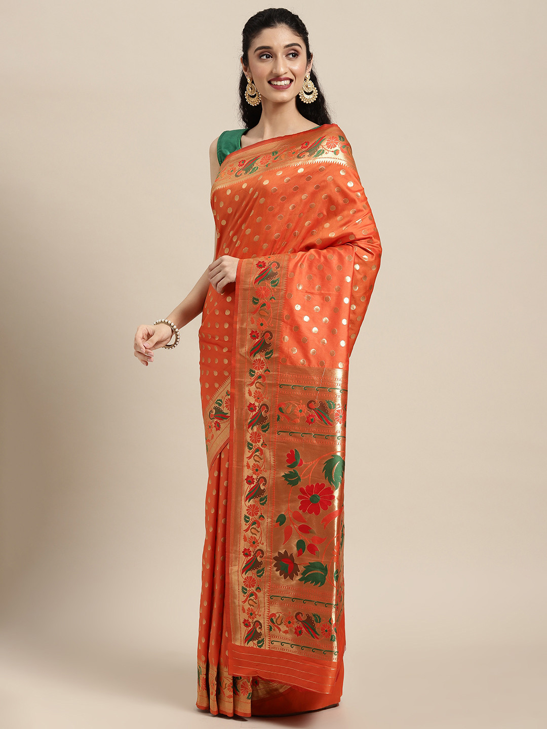 

Mitera Orange Zari Silk Blend Paithani Saree
