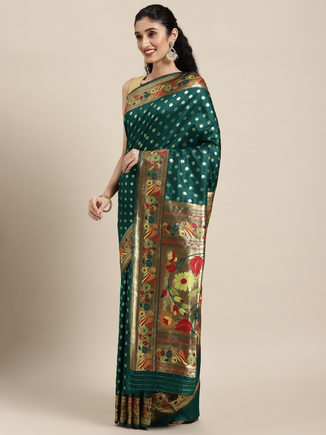 

Mitera Green Zari Silk Blend Paithani Saree