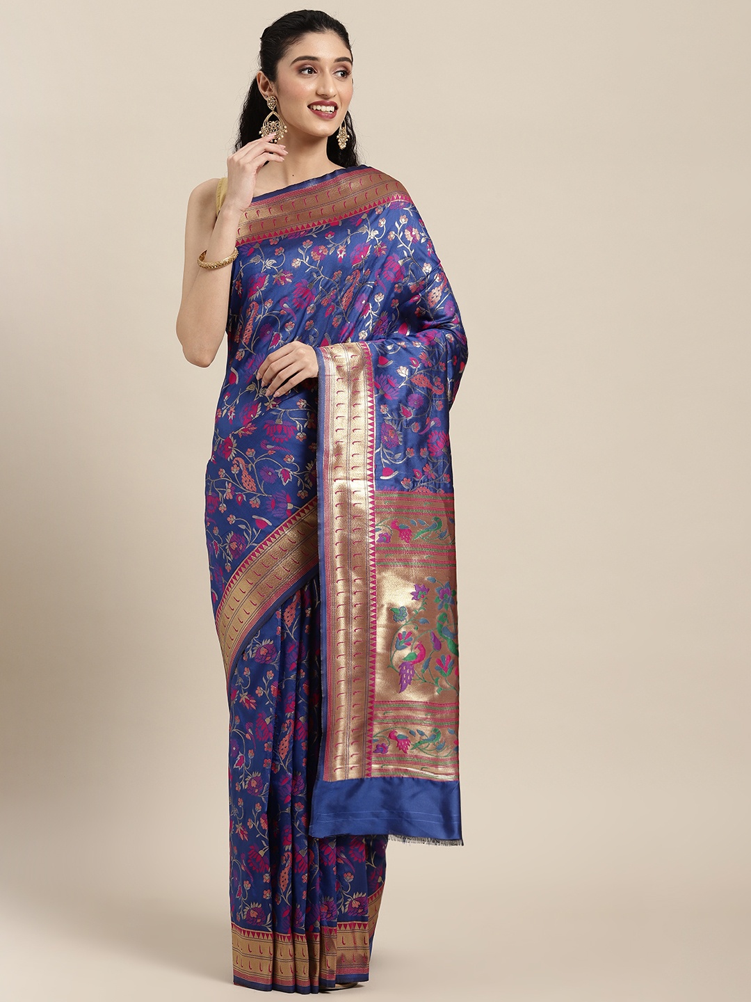 

Mitera Blue Floral Zari Silk Blend Paithani Saree