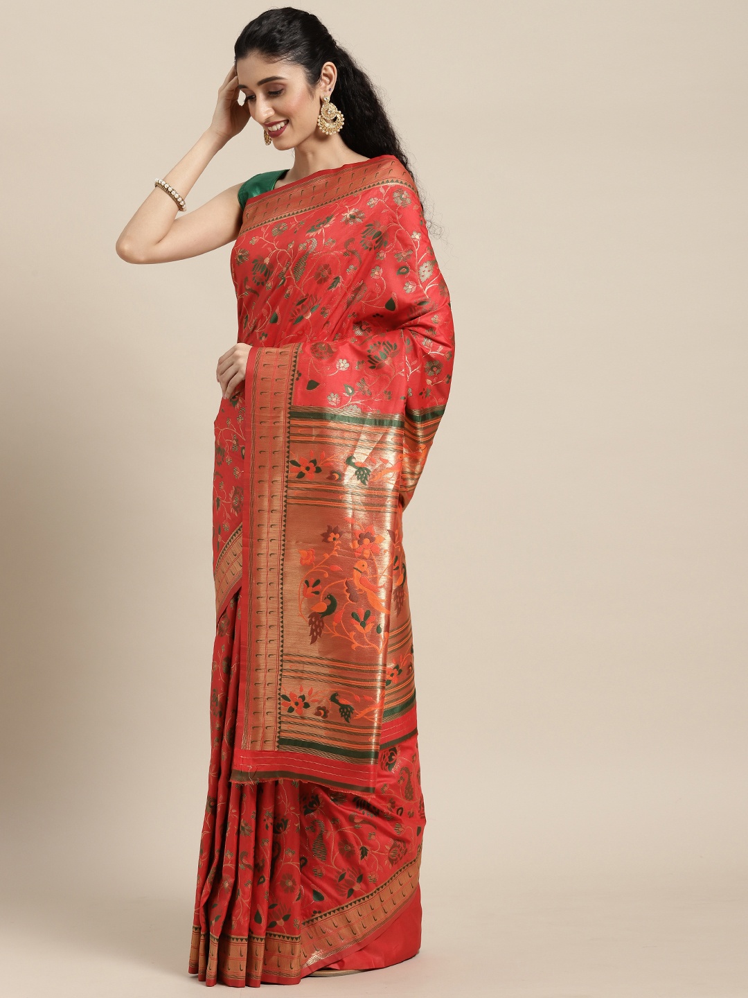

Mitera Red Floral Zari Silk Blend Paithani Saree
