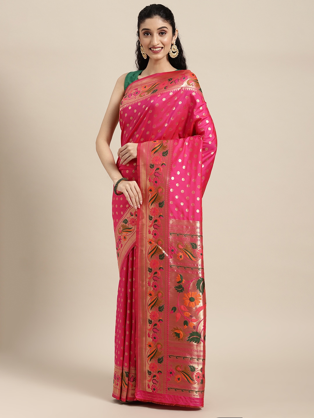 

Mitera Pink Zari Silk Blend Paithani Saree