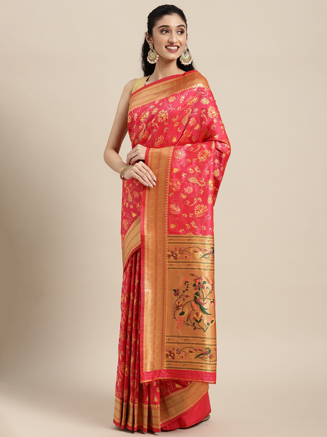 

Mitera Red Floral Zari Silk Blend Paithani Saree