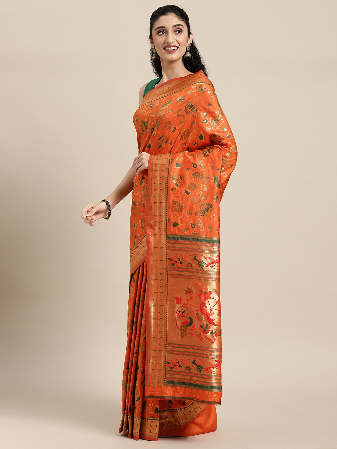 

Mitera Orange Floral Zari Silk Blend Paithani Saree