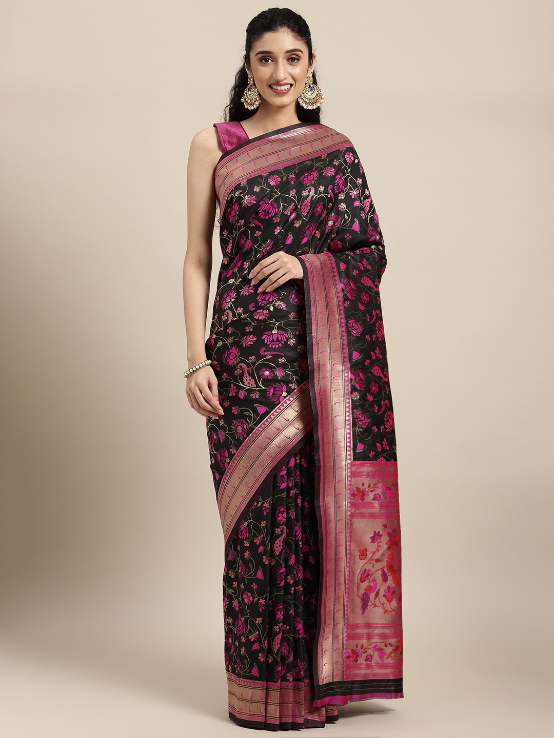 

Mitera Black Floral Zari Silk Blend Paithani Saree