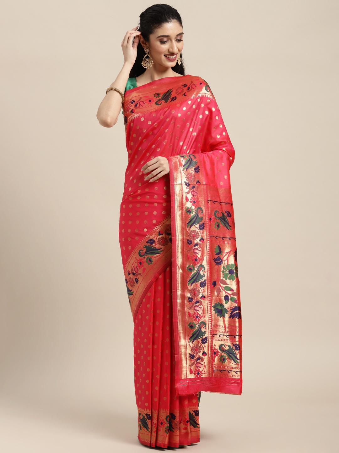 

Mitera Red Zari Silk Blend Paithani Saree