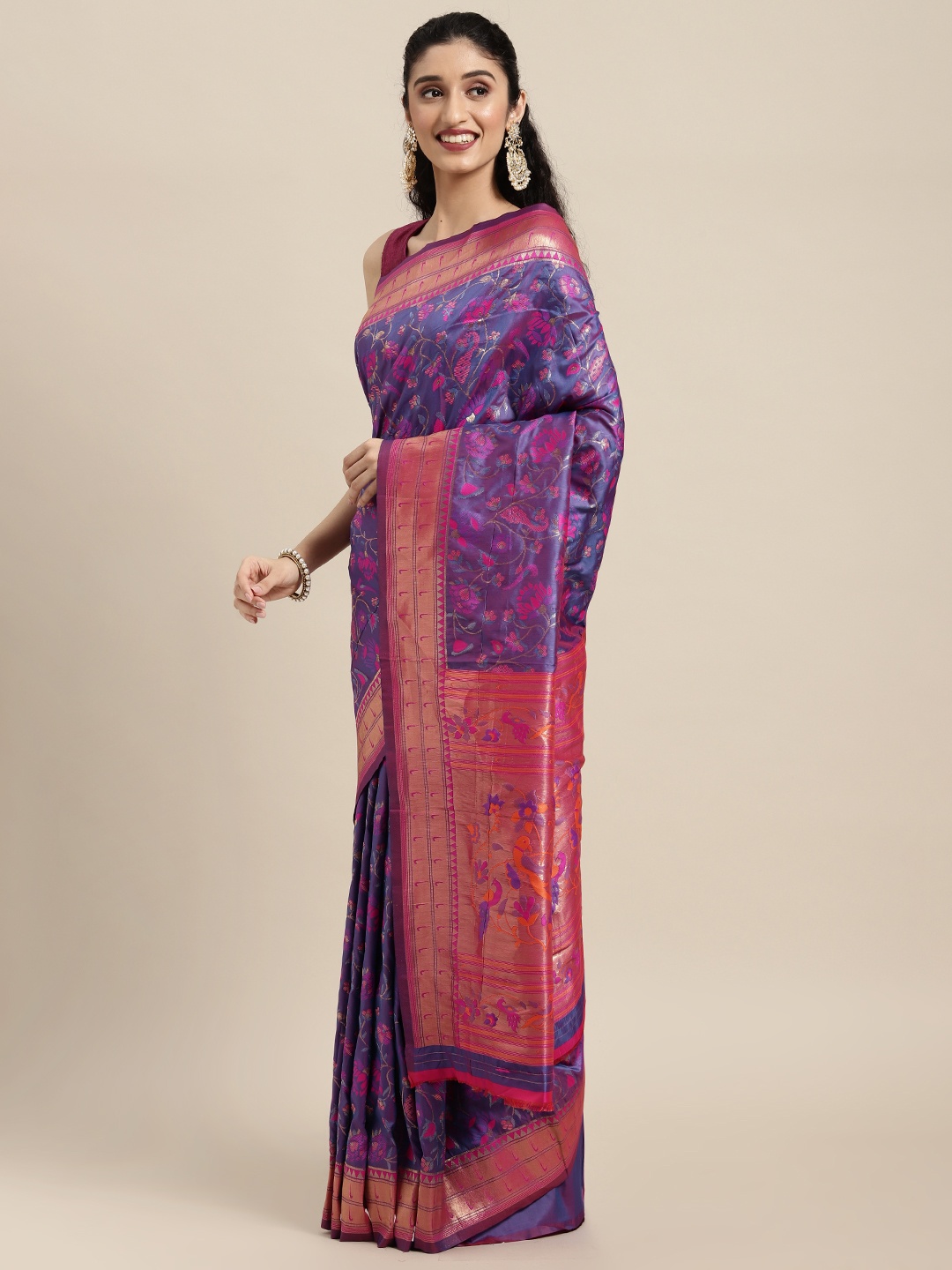 

Mitera Blue Floral Zari Silk Blend Paithani Saree