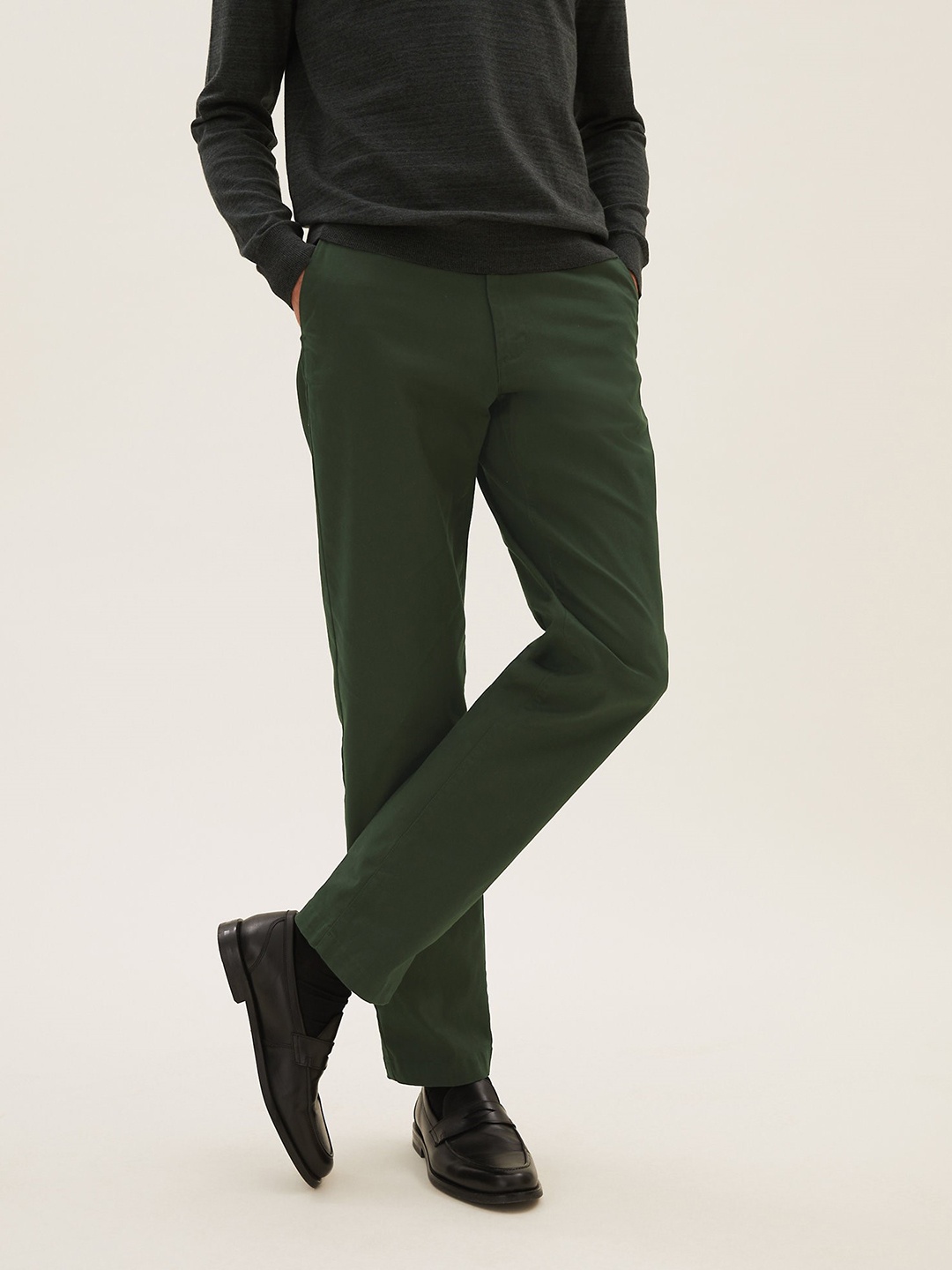 

Marks & Spencer Men Olive Green Solid Trousers