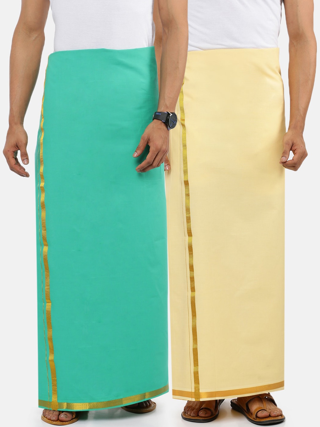 

Ramraj Men Pure Cotton Single layer Beige & Green Dhoti with gold jari border