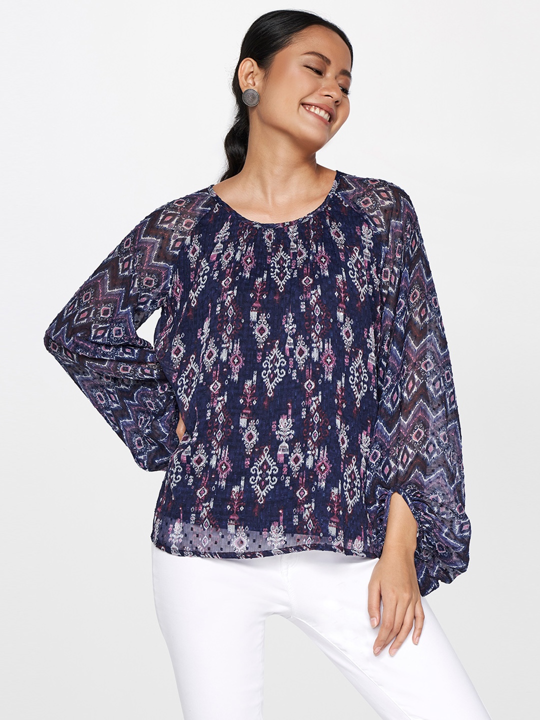 

Global Desi Women Blue & White Regular Top