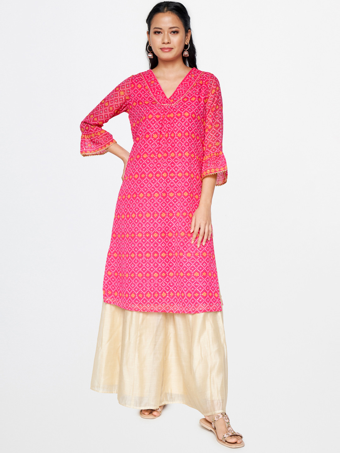 

Global Desi Women Pink & White Bandhani Printed Bell Sleeves Kurta
