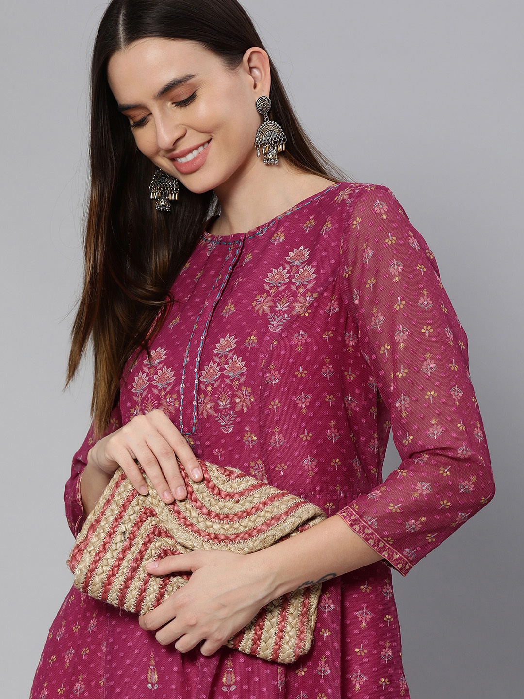 

Global Desi Women Purple Ethnic Motifs Printed A-Line Kurta