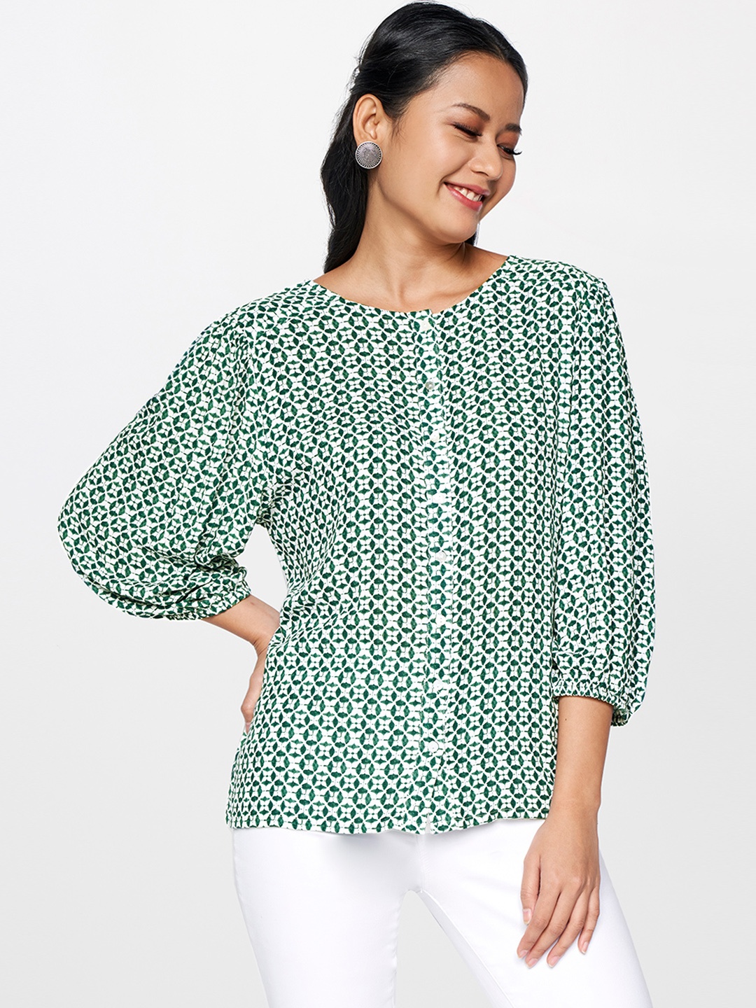 

Global Desi Green & White Puff Sleeves Shirt Style Top