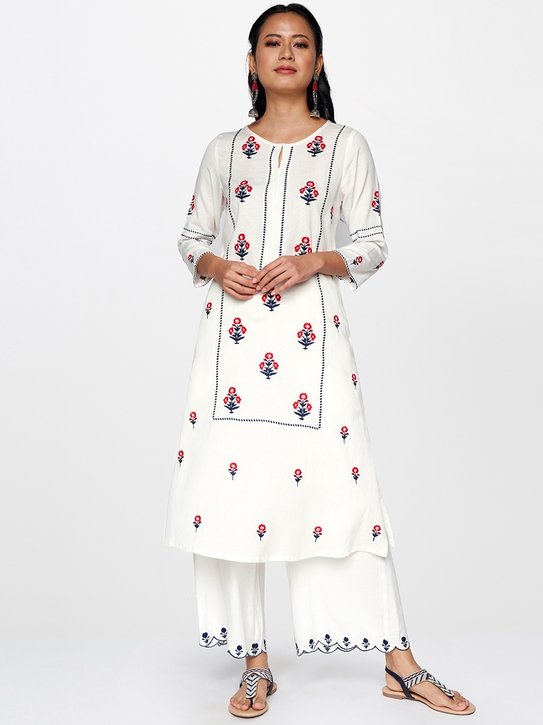 

Global Desi Women White & Red Floral Printed Keyhole Neck Kurta
