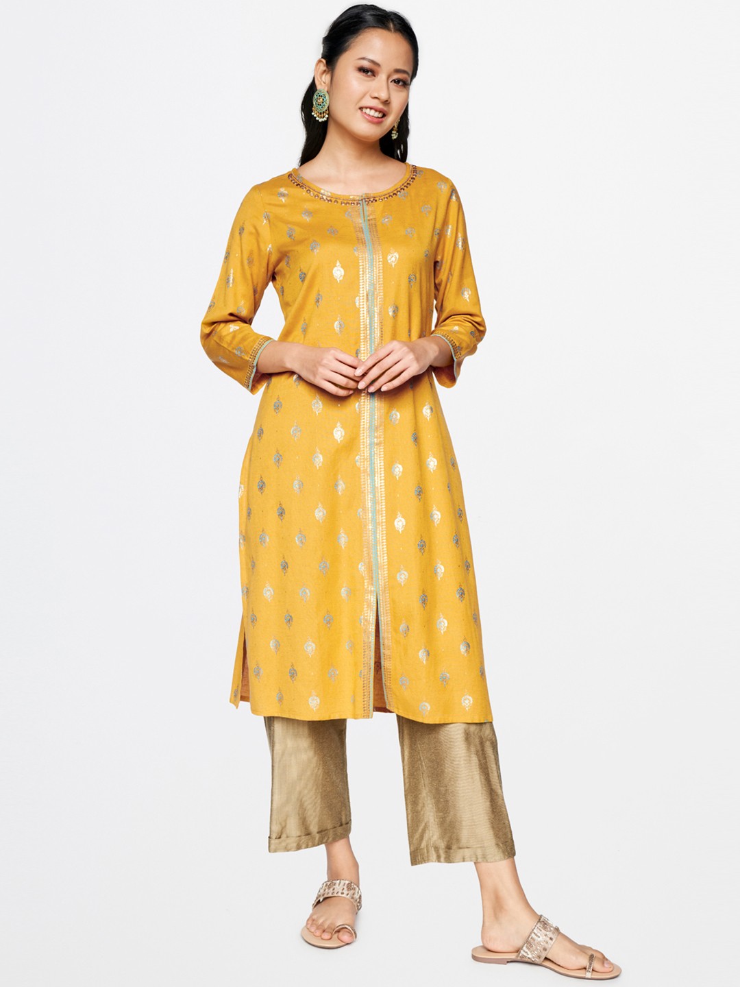 

Global Desi Women Mustard Yellow & Gold-Toned Ethnic Motifs Printed Round Neck Kurta