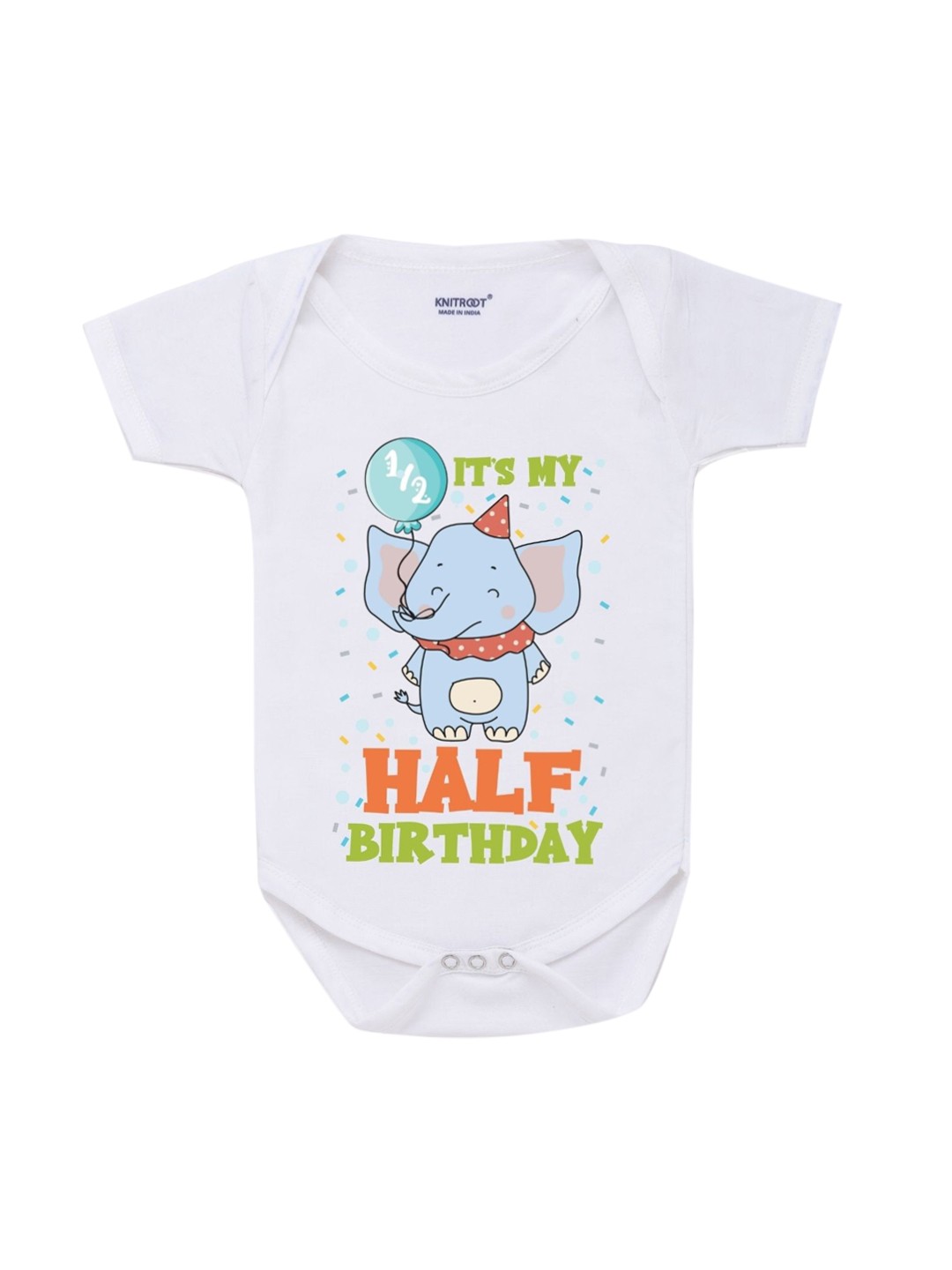 

KNITROOT Infant Kids White & Blue Elephant Half Bday Printed Cotton Bodysuit