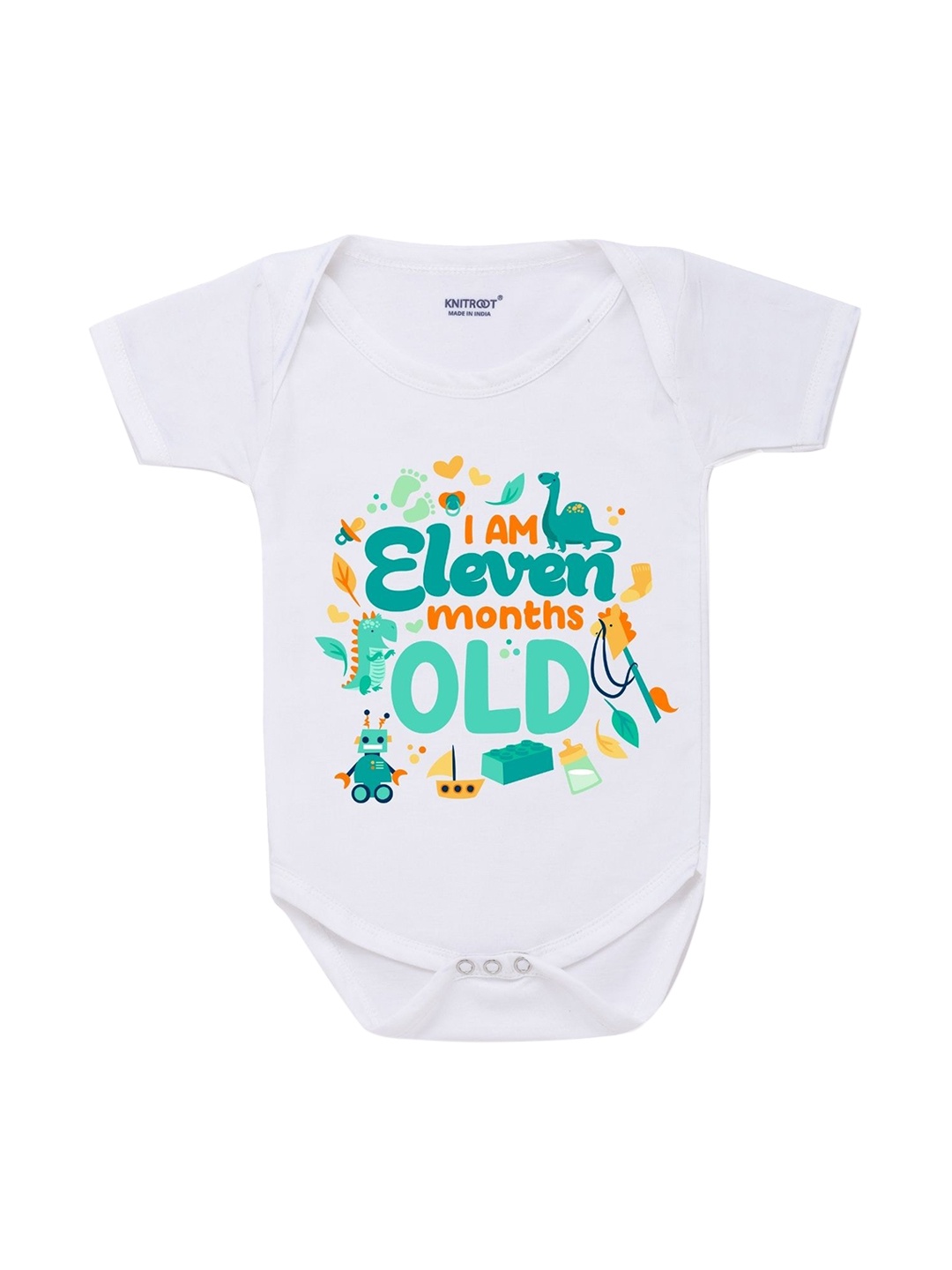 

KNITROOT Infant Kids White & Green Printed Cotton Bodysuit