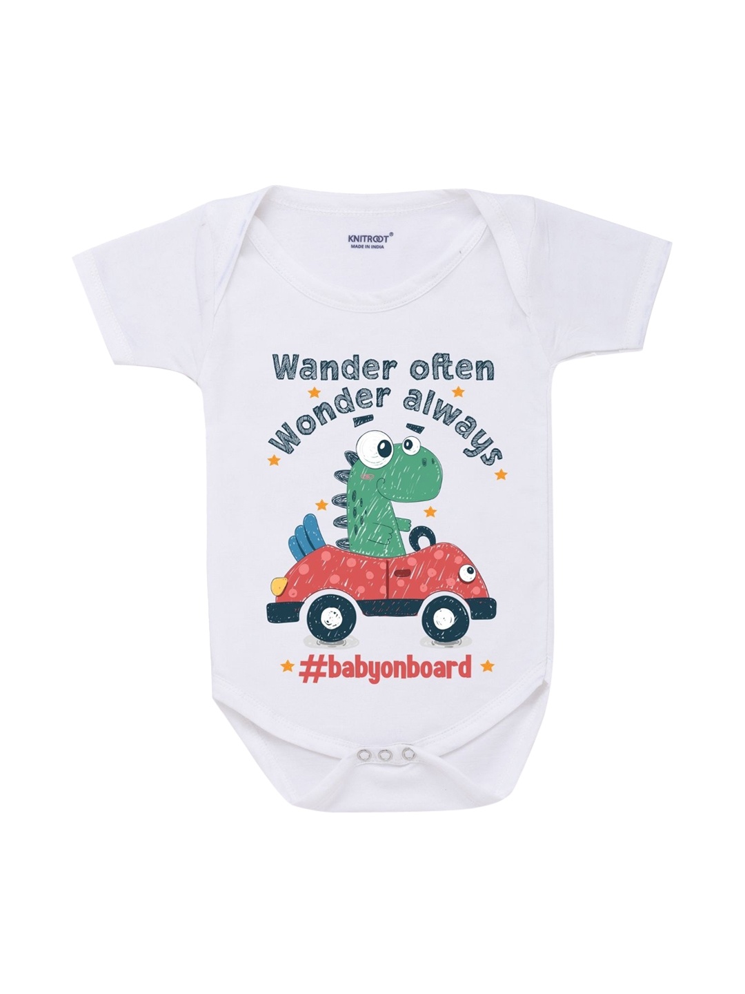 

KNITROOT Infant Kids White & Green Baby On Board Printed Cotton Bodysuit