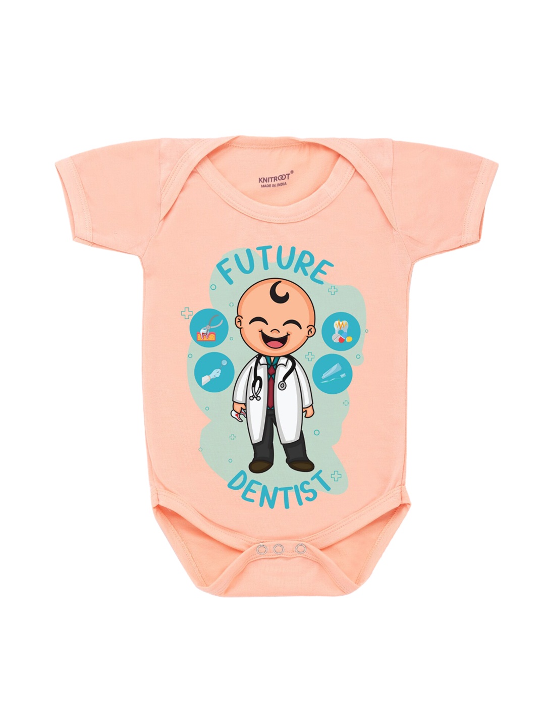 

KNITROOT Infant Kids Peach-Coloured & Blue Future Dentist Printed Cotton Bodysuit