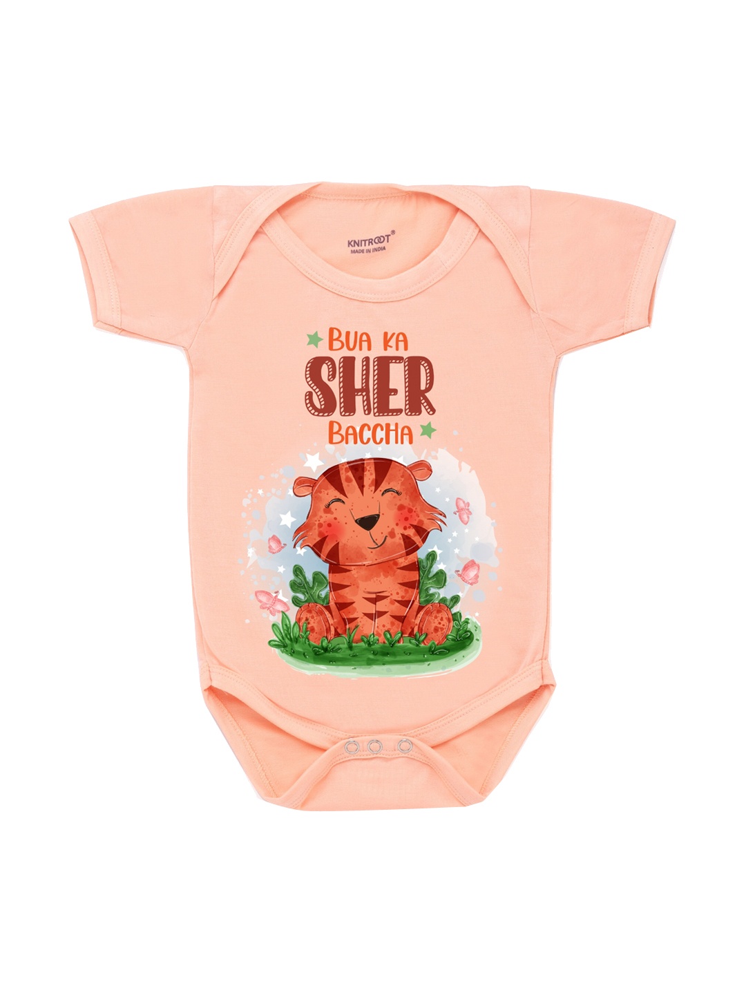 

KNITROOT Infant Kids Peach & Maroon Sher Bachha Printed Cotton Bodysuit