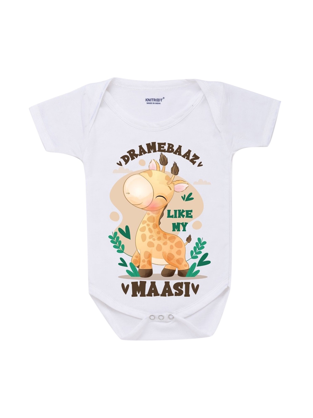 

KNITROOT Infant Kids White & Brown Printed Cotton Bodysuit