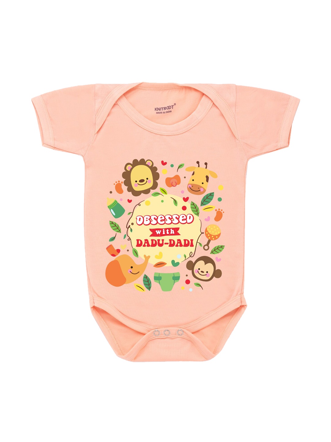 

KNITROOT Infant Kids Peach Coloured & Yellow Printed Cotton Bodysuit